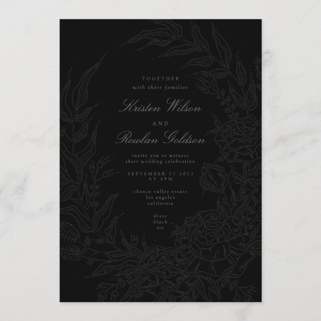 Invitación Negro sobre el código QR del Boda de la guirnalda  (Anverso)
