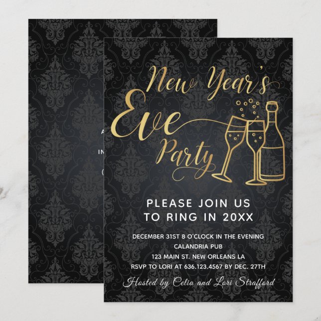 Invitación Negro sobre negro Fiesta de Nochevieja (Anverso / Reverso)