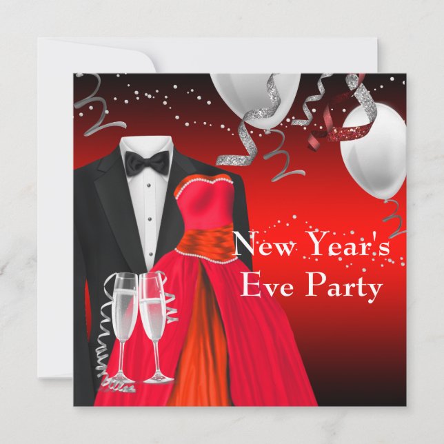 Invitación Negro Tuxedo Rojo Vestido Año Nuevo Fiesta (Anverso)