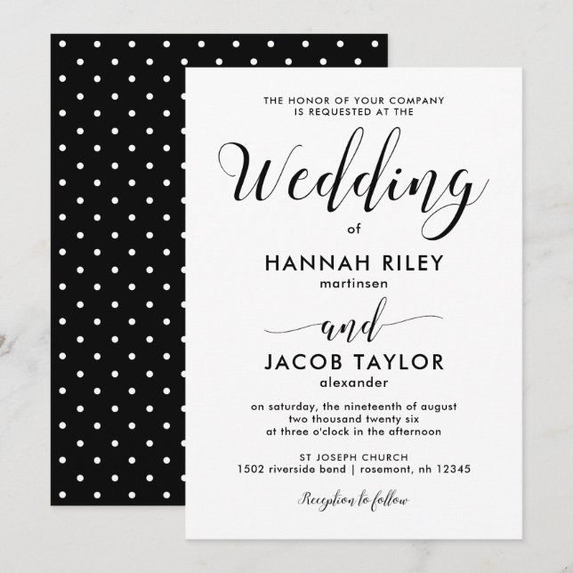 Invitación Negro y blanco con Boda de puntos (Anverso / Reverso)