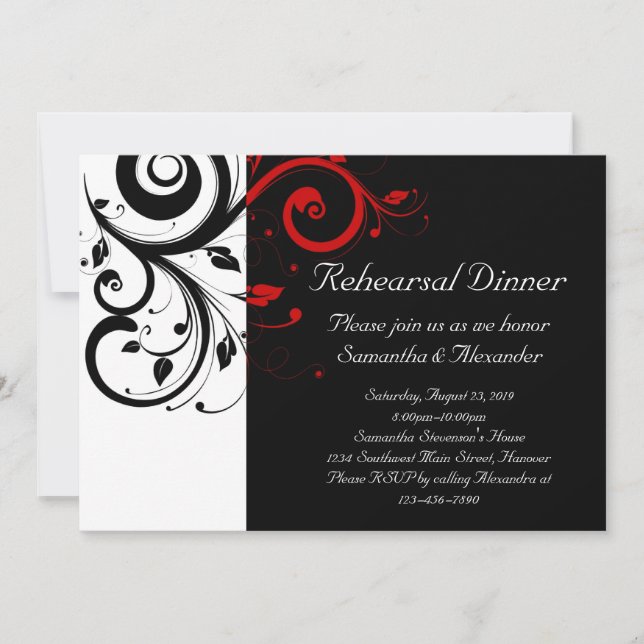 Invitación Negro y blanco con giro inverso rojo (Anverso)