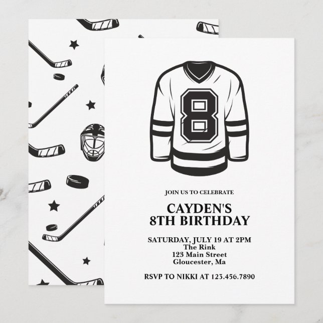 Invitación Negro y blanco de hockey, octavo cumpleaños (Anverso / Reverso)
