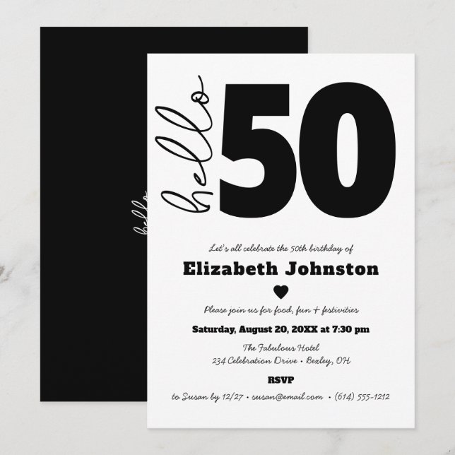 Invitación Negro y Blanco Hello 50 Cumpleaños Fabuloso Modern (Anverso / Reverso)