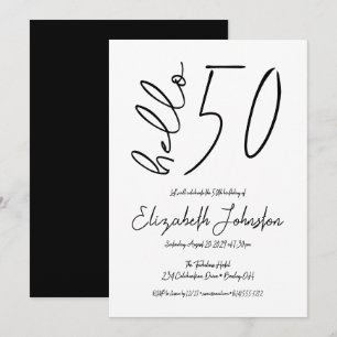 Invitación Negro y Blanco Hello 50 Cumpleaños Fabuloso Simple