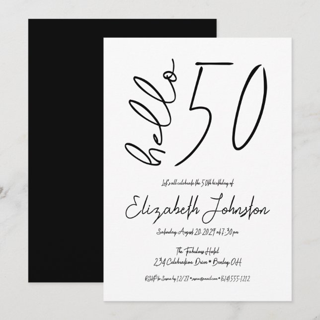Invitación Negro y Blanco Hello 50 Cumpleaños Fabuloso Simple (Anverso / Reverso)