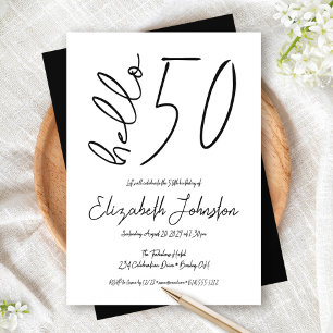 Invitación Negro y Blanco Hello 50 Cumpleaños Fabuloso Simple