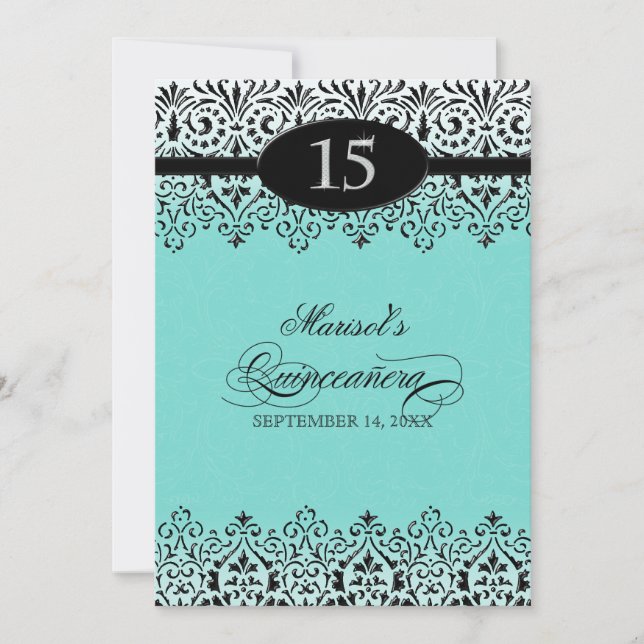 Invitación Negro y blanco luce el Quinceañera 15 (Anverso)
