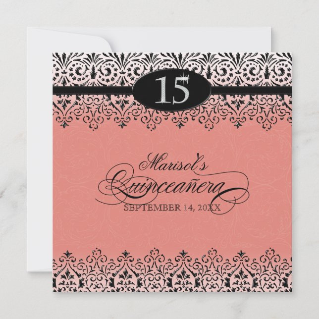 Invitación Negro y blanco luce el Quinceañera 15 (Anverso)