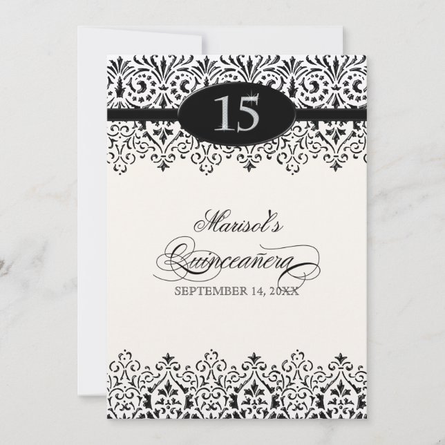 Invitación Negro y blanco luce el Quinceañera 15 (Anverso)