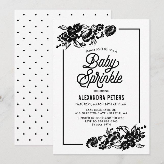 Invitación Negro y blanco moderado de acento floral bebollo (Anverso / Reverso)