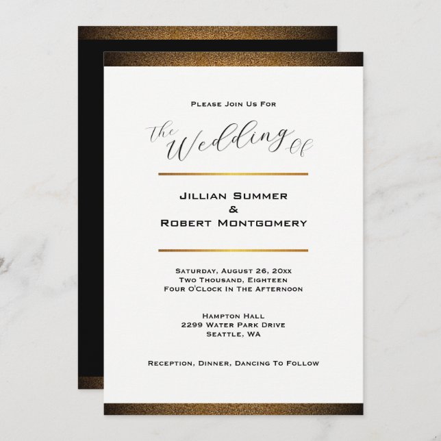 Invitación Negro y blanco moderno con Boda de oro (Anverso / Reverso)