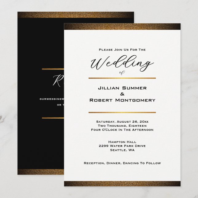 Invitación Negro y blanco moderno con Boda de oro (Anverso / Reverso)