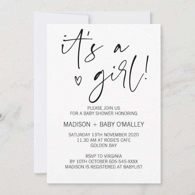 Invitación Negro y blanco moderno es un Baby Shower Chica (Anverso)
