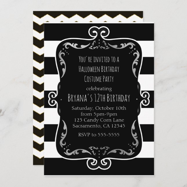 Invitación Negro y blanco rayado con Fiesta sinusal plateado (Anverso / Reverso)