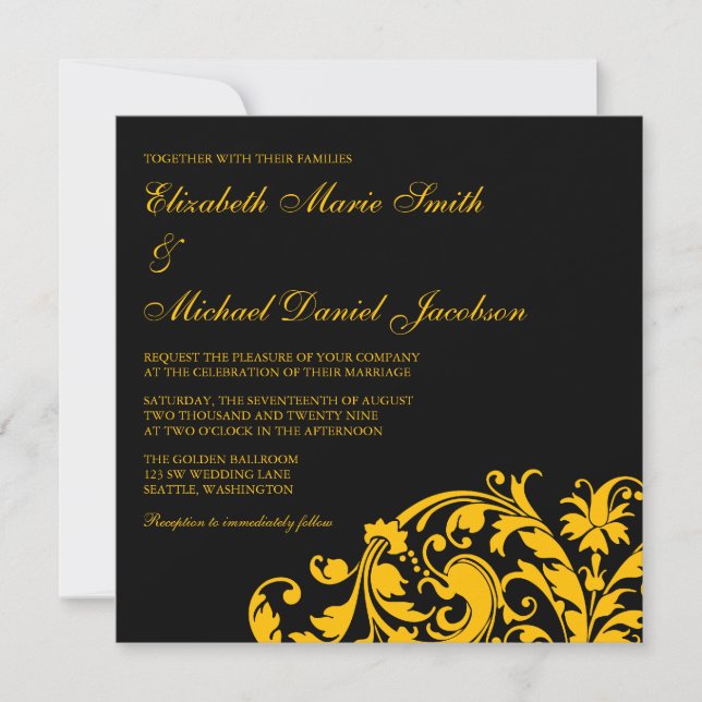 Invitación Negro y boda del remolino del Flourish del oro (Anverso)