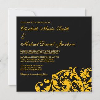 Invitación Negro y boda del remolino del Flourish del oro
