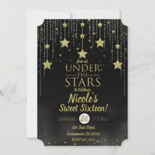 Invitación Negro y Dorado Bajo las Estrellas Dulces 16 Estrel