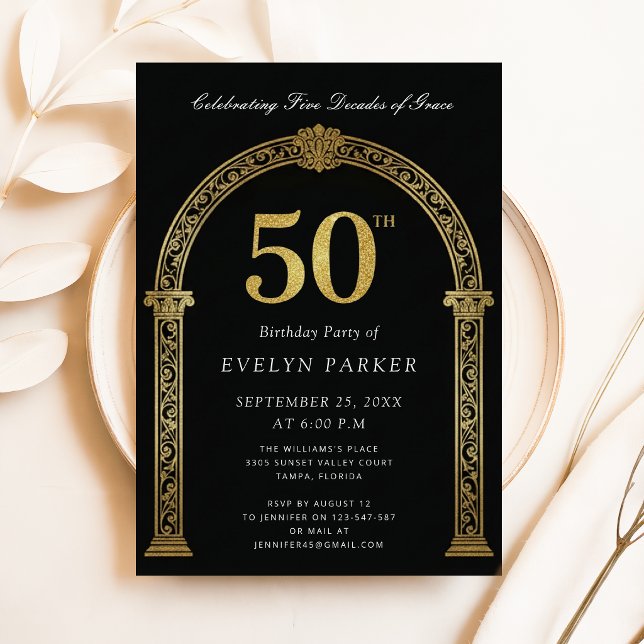 Invitación Negro y Dorado Cinco Décadas de Gracia 50 Cumpleañ (Subido por el creador)