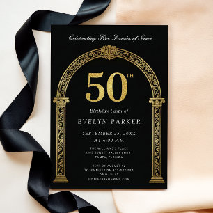 Invitación Negro y Dorado Cinco Décadas de Gracia 50 Cumpleañ