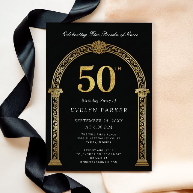 Invitación Negro y Dorado Cinco Décadas de Gracia 50 Cumpleañ (Subido por el creador)