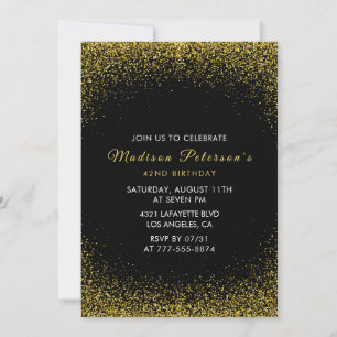 Invitación Negro y Dorado Cumpleaños 42 Glam Brillo