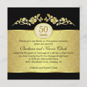 Invitación Negro y dorado, damasco 50 Aniversario de Bodas
