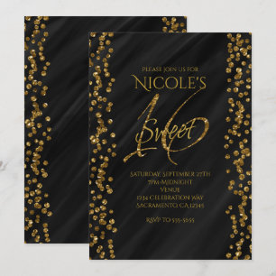 Invitación Negro y dorado falso brillo Glamour SWEET 16 Dieci
