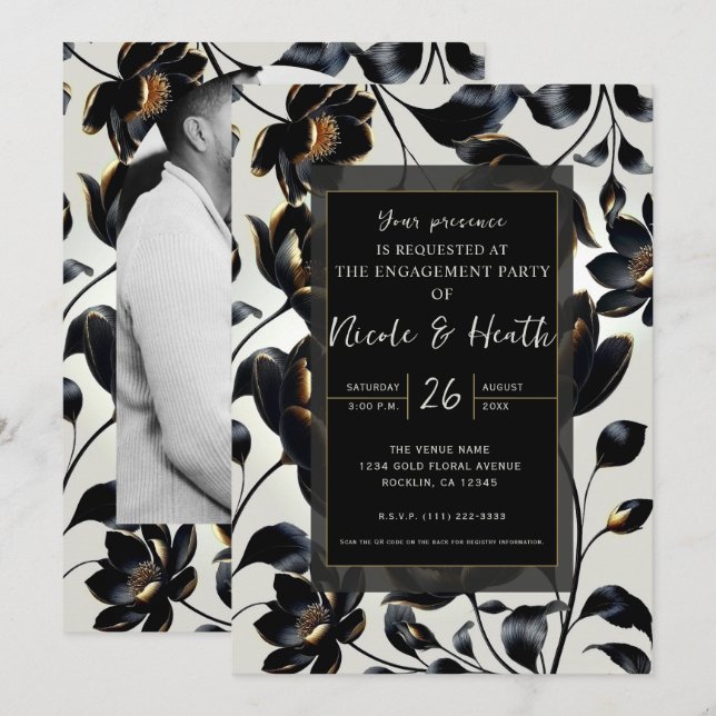 Invitación Negro y Dorado Floral Beige Compromiso (Anverso / Reverso)