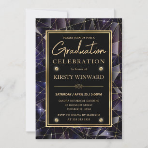 Invitación Negro y Dorado Medianoche Cristal Galaxia Graduaci