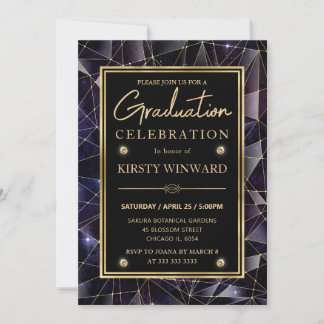 Invitación Negro y Dorado Medianoche Cristal Galaxia Graduaci
