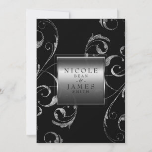 Invitación Negro y elegante remolino floral de vidrio platead
