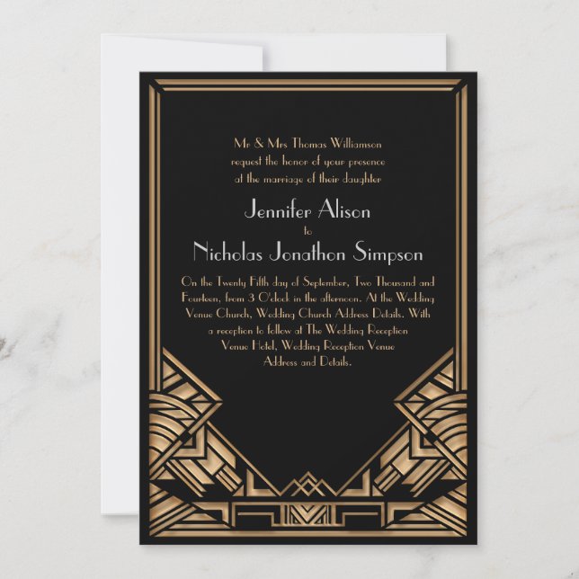 Invitación Negro y falso oro Art Deco Gatsby Style Boda (Anverso)