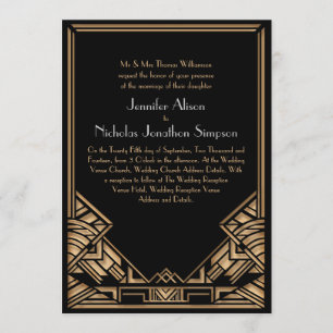 Invitación Negro y falso oro Art Deco Gatsby Style Boda