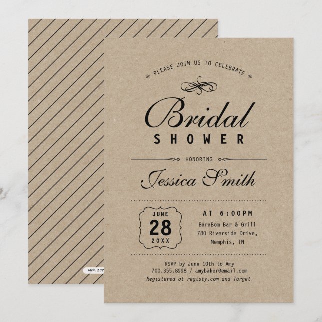 Invitación Negro y Kraft rústico | Ducha Bridal Elegante (Anverso / Reverso)