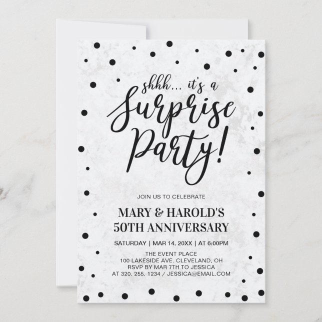 Invitación Negro y Mármol | 50° Aniversario del Boda Sorprend (Anverso)