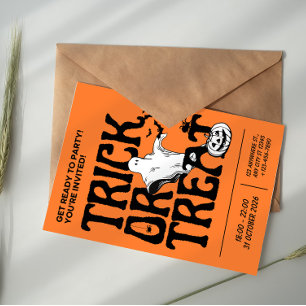 Invitación Negro y Naranja Simple Truco o Trato Halloween
