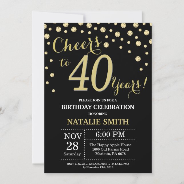 Invitación Negro y Oro 40.º Diamante de Cumpleaños (Anverso)
