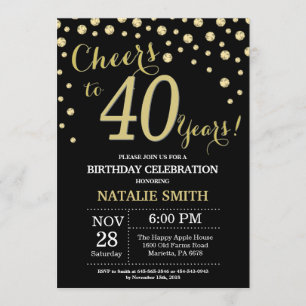 Invitación Negro y Oro 40.º Diamante de Cumpleaños