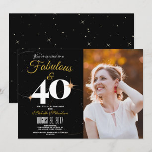 Invitación Negro y oro 40 y fabulosa foto de cumpleaños