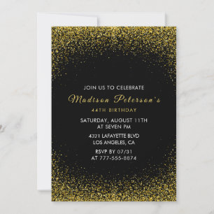 Invitación Negro y Oro 44 cumpleaños Glam Purpurina