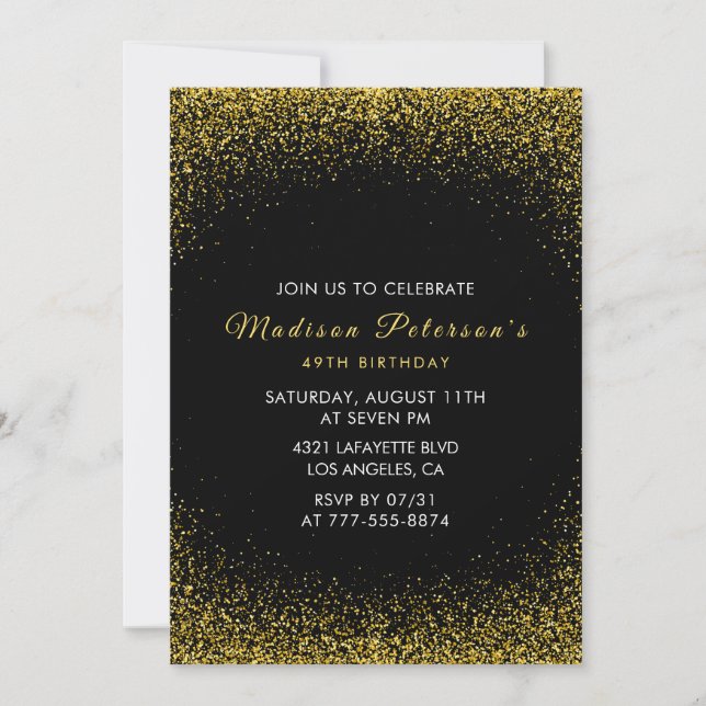 Invitación Negro y Oro 49 cumpleaños Glam Purpurina (Anverso)