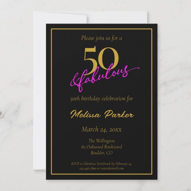 Invitación Negro y Oro 50 y fabuloso 50 cumpleaños (Anverso)