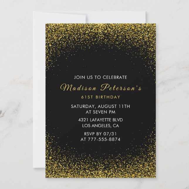 Invitación Negro y Oro 61 cumpleaños Glam Purpurina (Anverso)