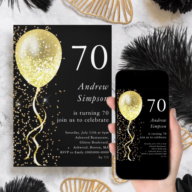 Invitación Negro y oro | 70.º cumpleaños en globo Purpurina (Subido por el creador)