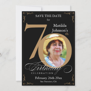 Invitación Negro y Oro 70 cumpleaños Salvar al Personalizado 