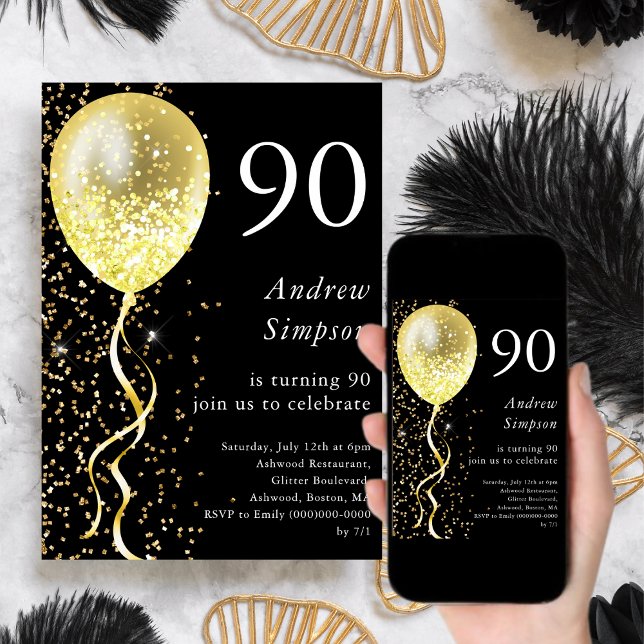 Invitación Negro y oro | 90.º cumpleaños en globo Purpurina (Subido por el creador)