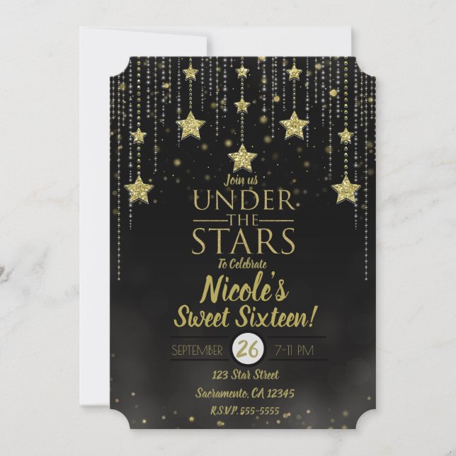 Invitación Negro y oro bajo las estrellas Starry Sweet 16 (Anverso)