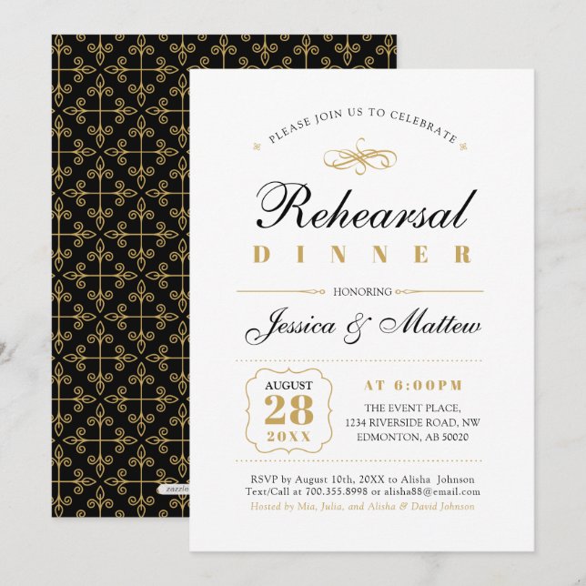 Invitación Negro y oro | Cena elegante para el ensayo de boda (Anverso / Reverso)