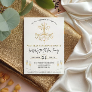 Invitación Negro y Oro, Champán, Fiesta de Nochevieja