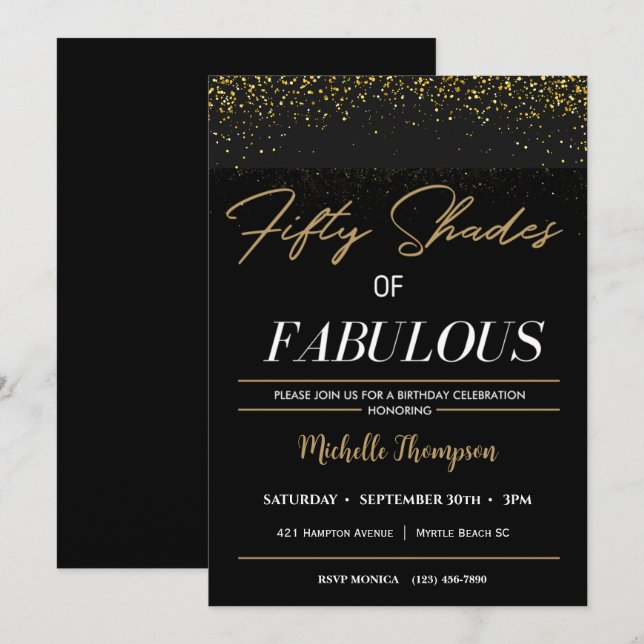 Invitación Negro y Oro Cincuenta sombras de fabuloso cumpleañ (Anverso / Reverso)